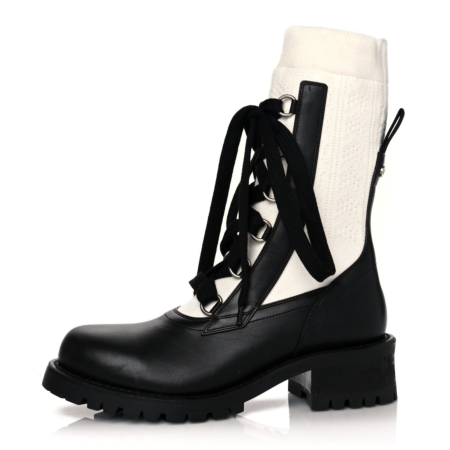 Christian Dior Calfskin Knit Fabric Diorland Combat Boots 38.5 Black White 1 of 7