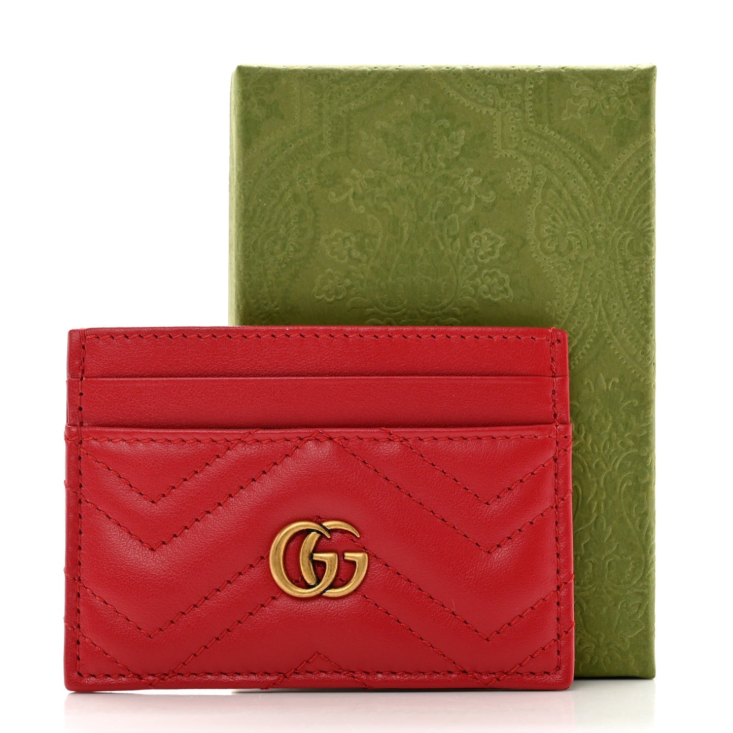 Calfskin Matelasse GG Marmont Card Holder Hibiscus Red