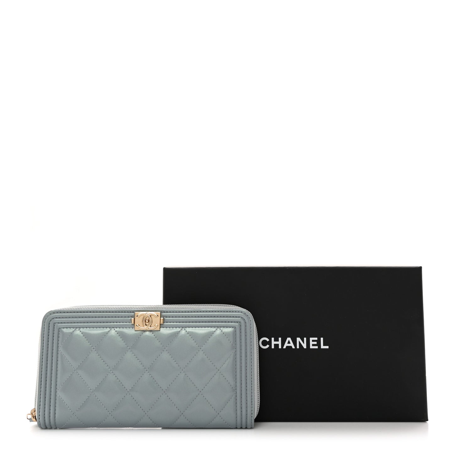 Metallic Patent Quilted Boy Zip Around Wallet Light Blue