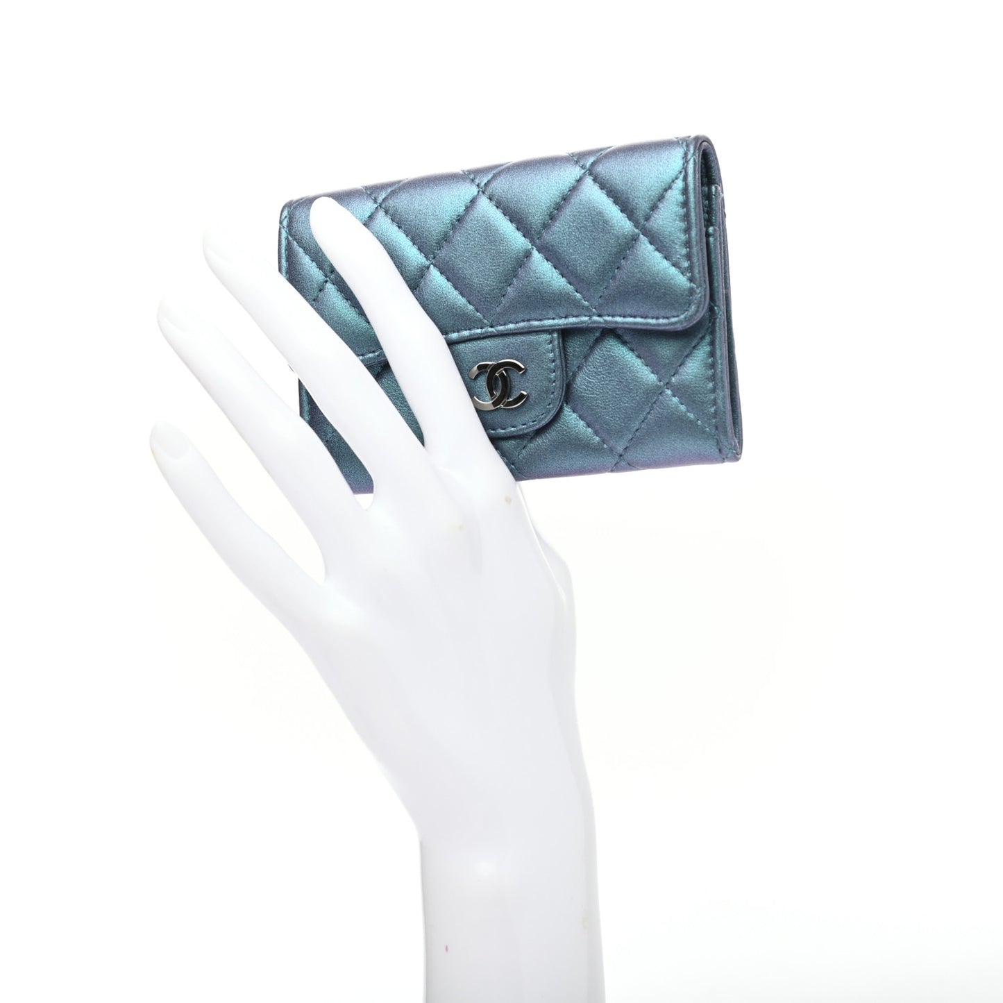 Iridescent Lambskin Quilted Flap Card Holder Turquoise