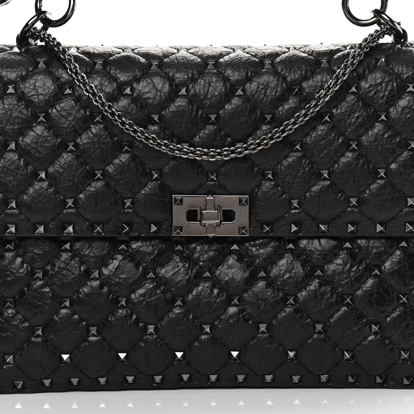Craquele Nappa Large Rockstud Spike Shoulder Bag Black