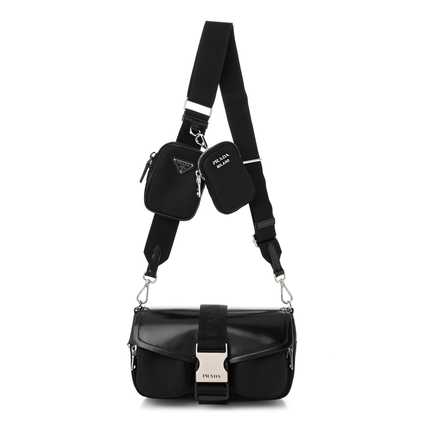Re-Nylon Spazzolato Double Pocket Buckle Shoulder Bag Black
