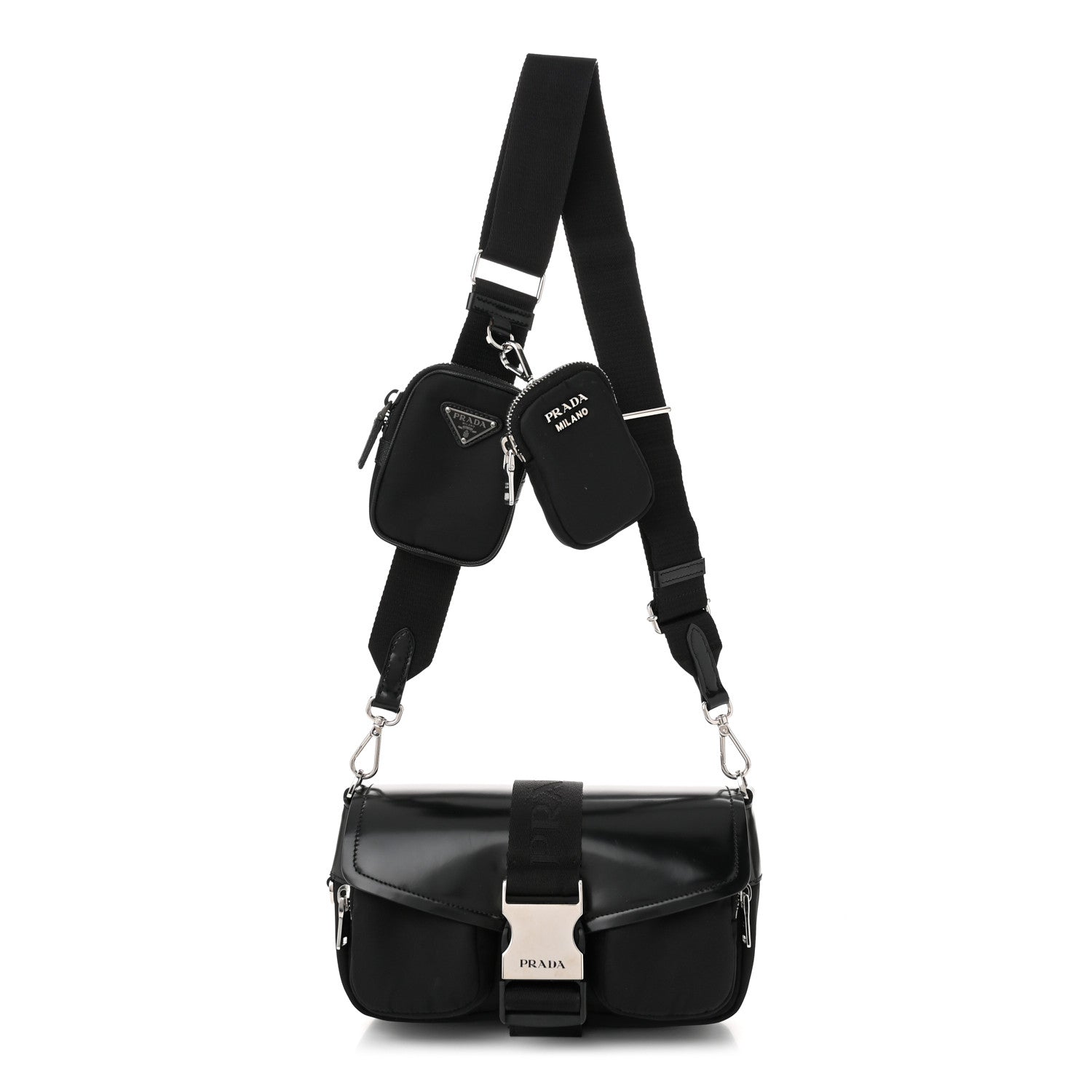Prada Re-Nylon Spazzolato Double Pocket Buckle Shoulder Bag Black 1 of 10