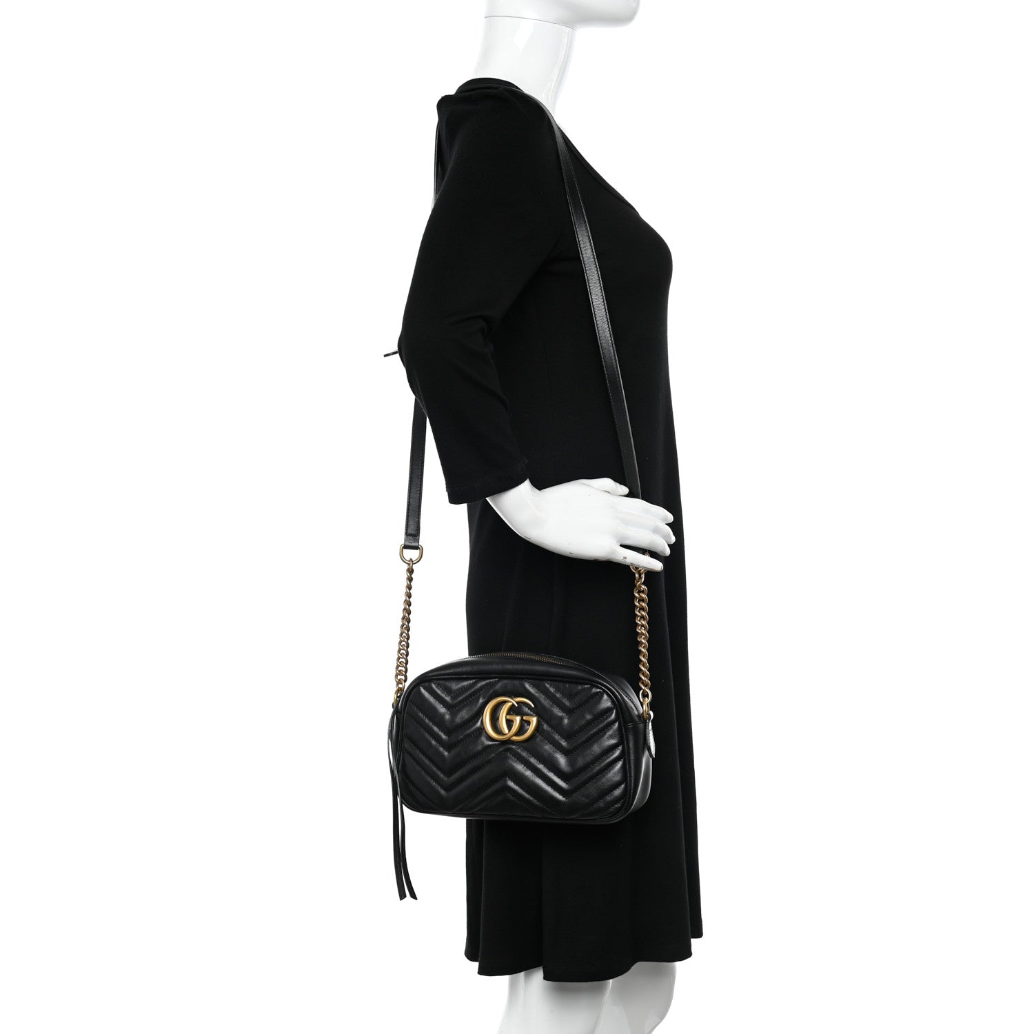 Gucci Calfskin Matelasse Small GG Marmont Chain Shoulder Bag Black 2 of 11