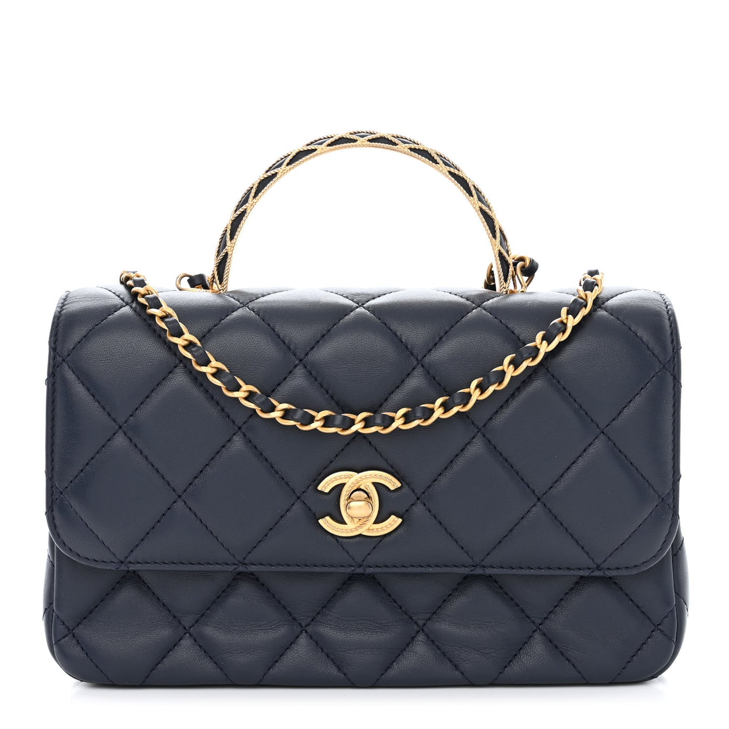 Lambskin Metal Quilted Twist Top Handle Flap With Chain Blue