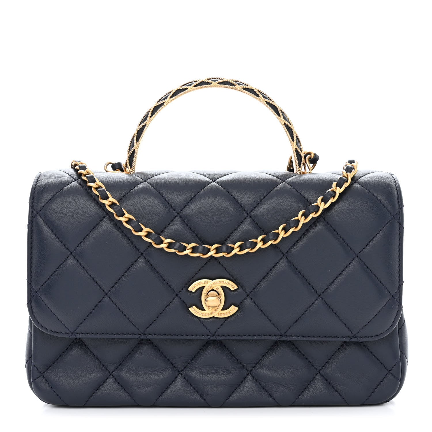Chanel Lambskin Metal Quilted Twist Top Handle Flap With Chain Blue 1 of 11