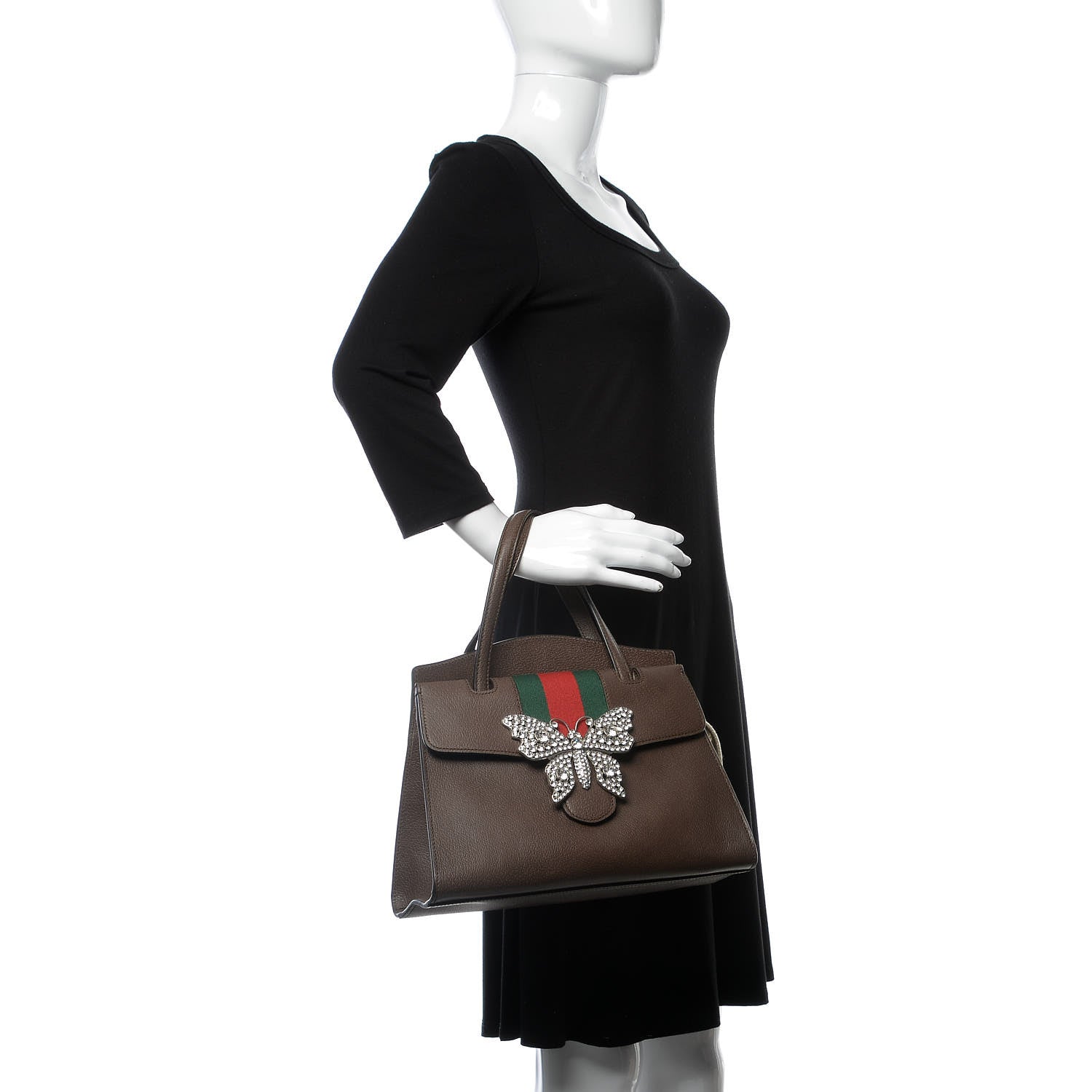 Gucci Textured Calfskin Web Crystal Butterfly Stripe Medium Totem Top Handle Bag New Acero 2 of 9
