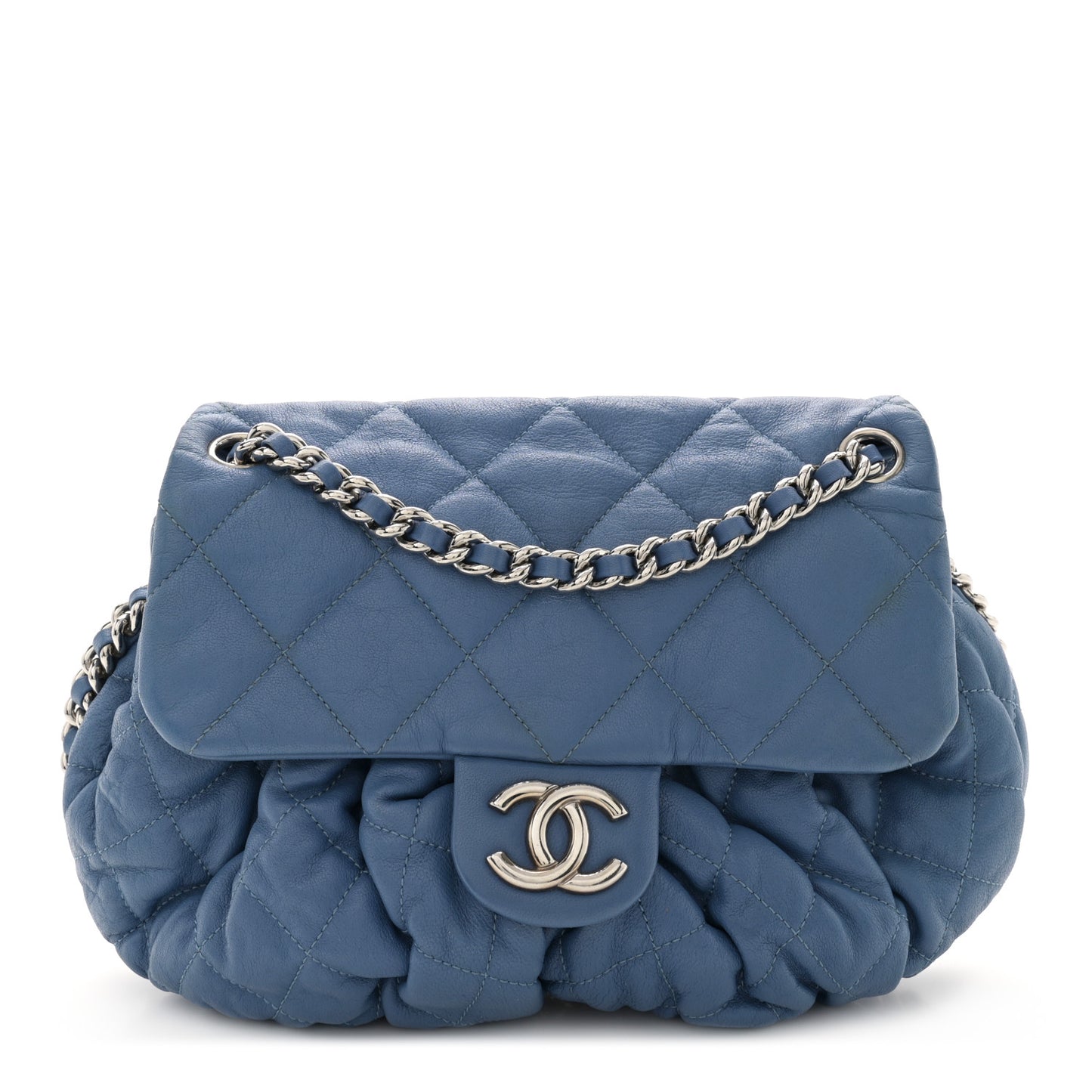 Washed Lambskin Quilted Medium Chain Around Messenger Blue