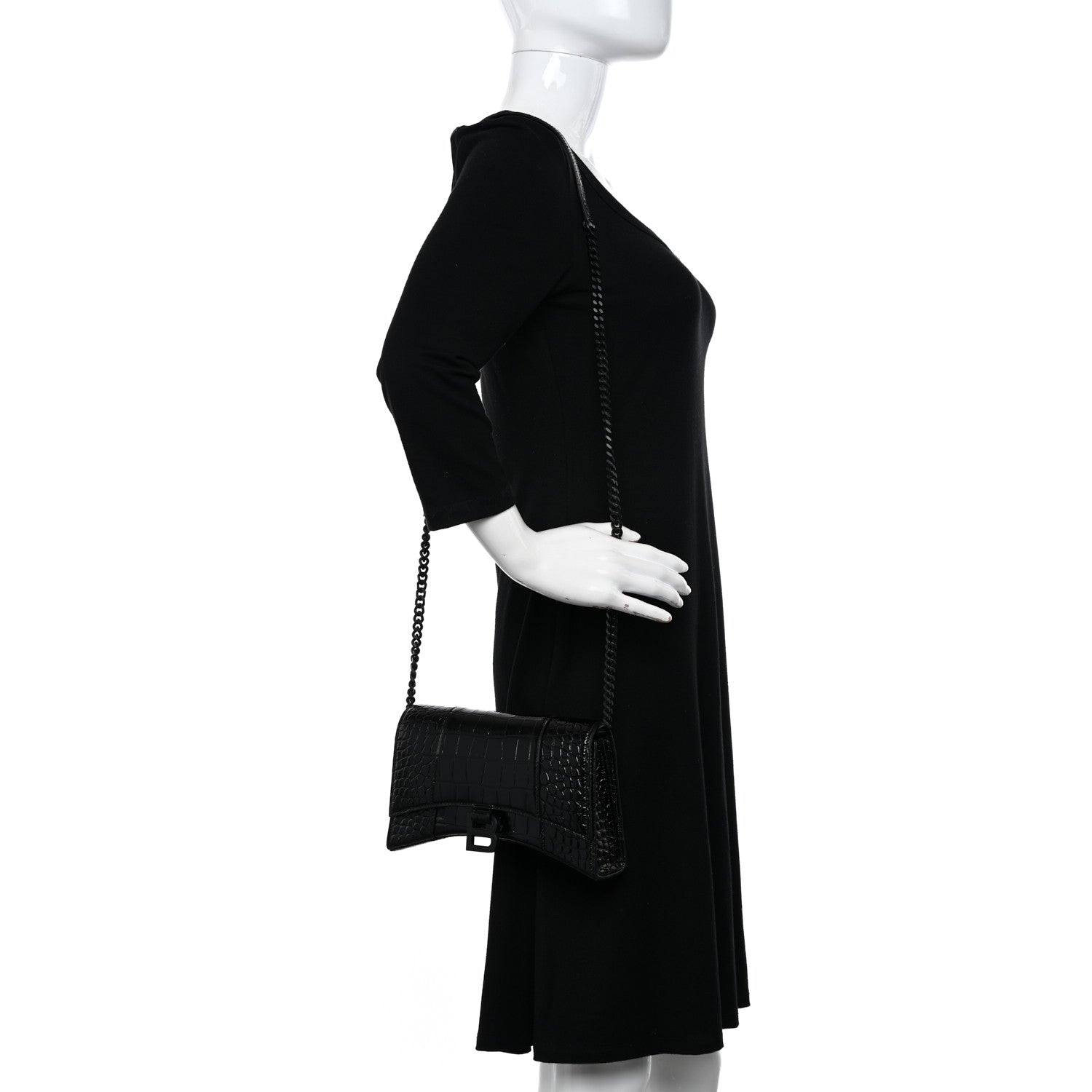 Balenciaga Shiny Calfskin Monochrome Crocodile Embossed Small Hourglass Evening Chain Bag Black 2 of 12