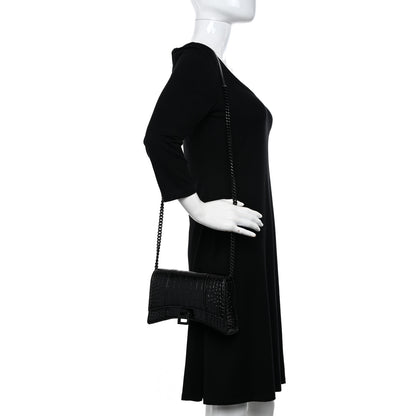 Balenciaga Shiny Calfskin Monochrome Crocodile Embossed Small Hourglass Evening Chain Bag Black 2 of 12