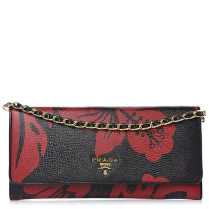 Prada Saffiano Hibiscus Print Chain Wallet Rosso 1 of 9