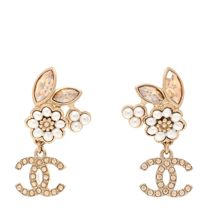 Chanel Pearl Crystal Drop CC Earrings Gold White 1 of 5