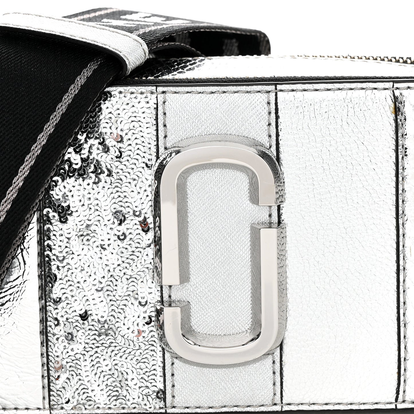 Metallic Sequin Snake Embossed Calfskin Stripe Snapshot Camera Bag Silver