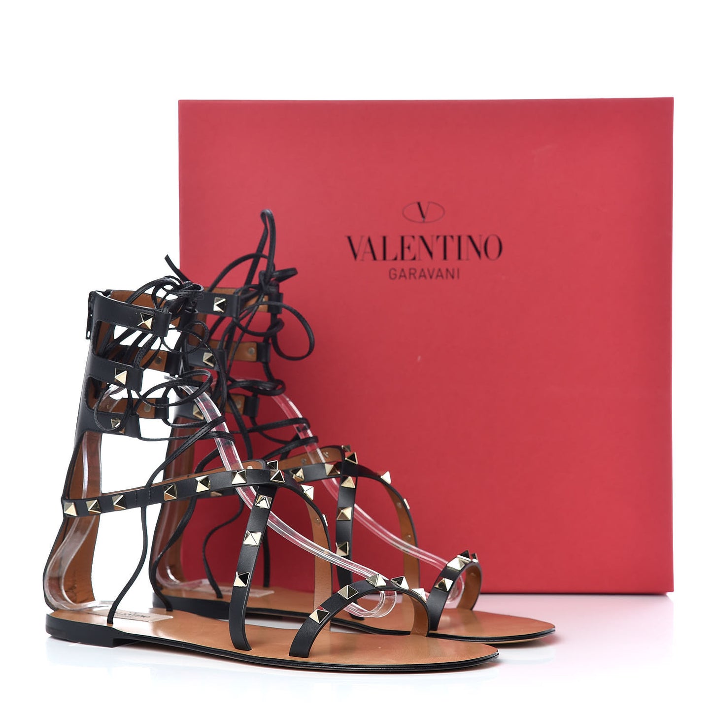 Calfskin Rockstud Gladiator Flat Sandals 40 Black