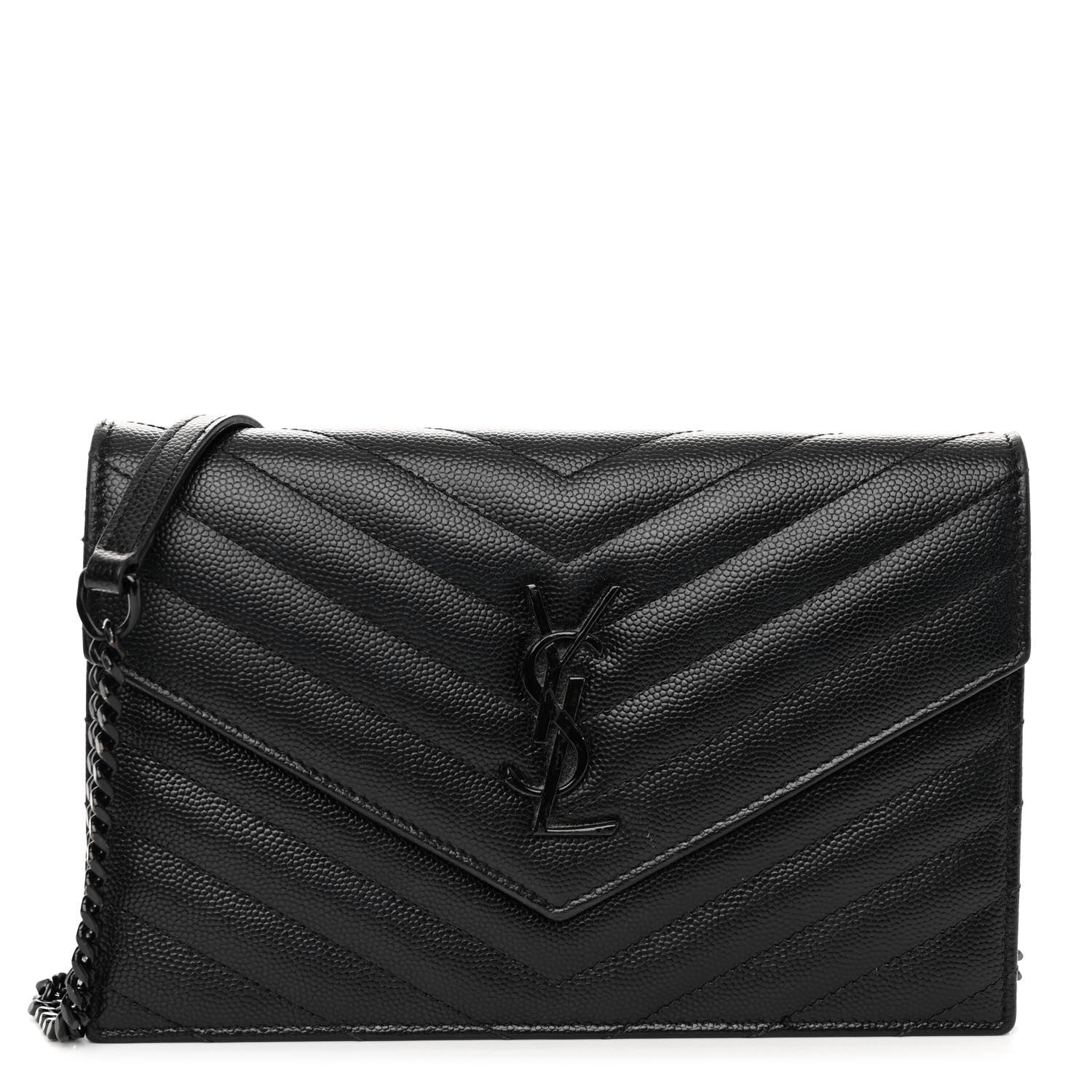 Saint Laurent Grain De Poudre Matelasse Chevron Monogram Monochrome Envelope Chain Wallet Black 1 of 10