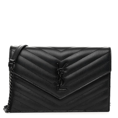 Saint Laurent Grain De Poudre Matelasse Chevron Monogram Monochrome Envelope Chain Wallet Black 1 of 10