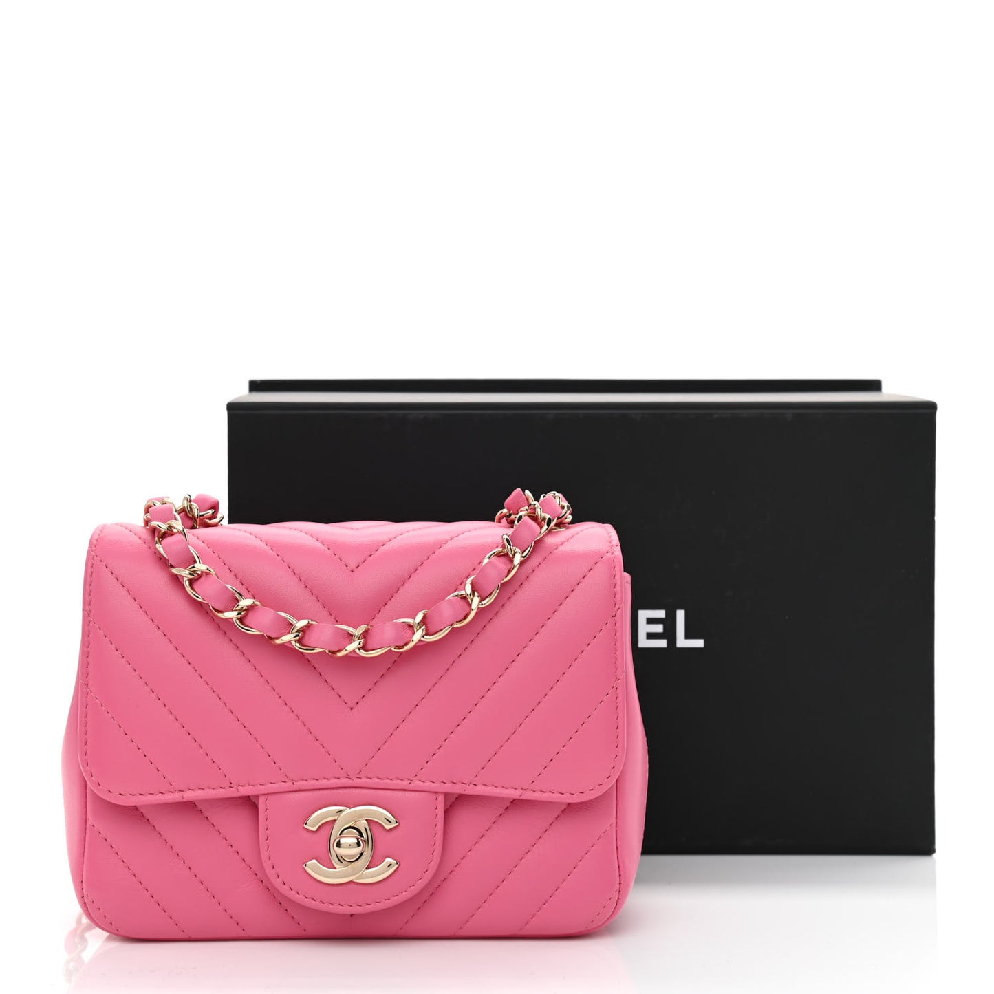 Lambskin Chevron Quilted Mini Square Flap Pink