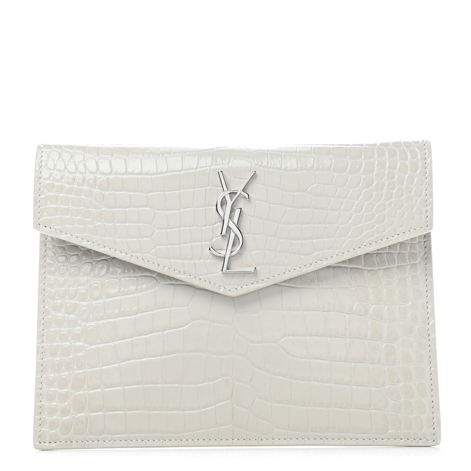 Saint Laurent Calfskin Crocodile Embossed Monogram Uptown Baby Pouch Perle 1 of 4