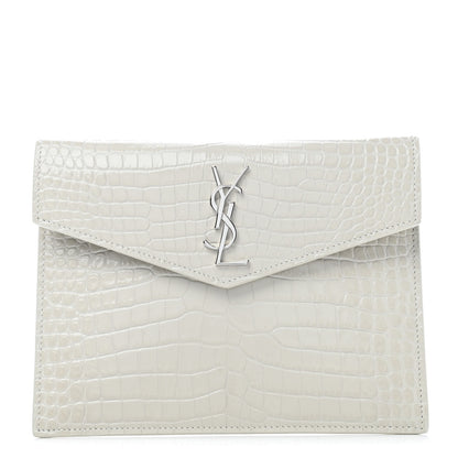 Saint Laurent Calfskin Crocodile Embossed Monogram Uptown Baby Pouch Perle 1 of 4