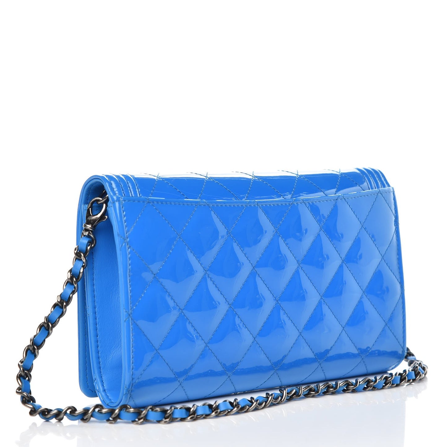Patent Calfskin Quilted Boy Wallet On Removable Chain WOC Blue