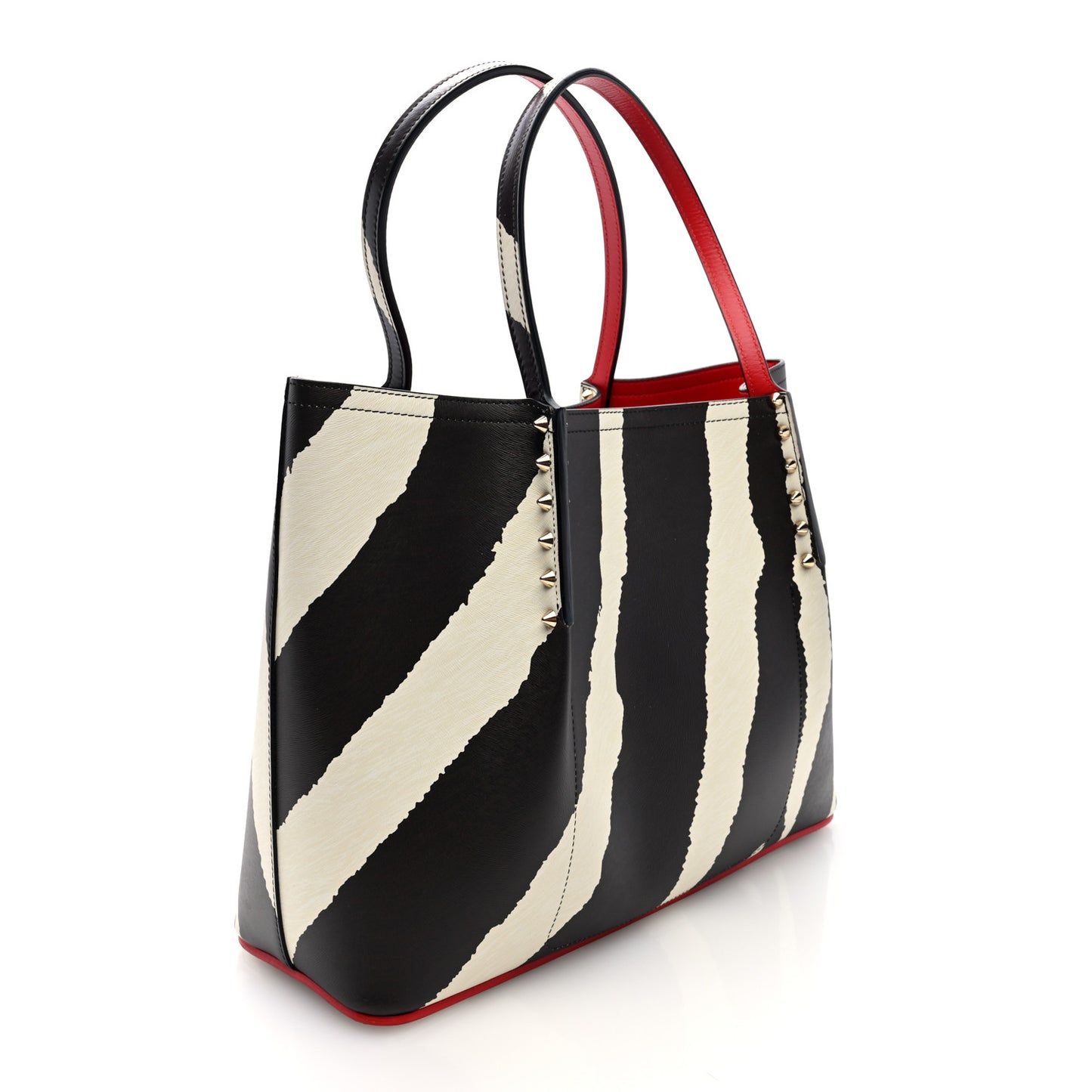 Calfskin Zebra Print Spiked Large Cabarock Shopper Tote Brown White