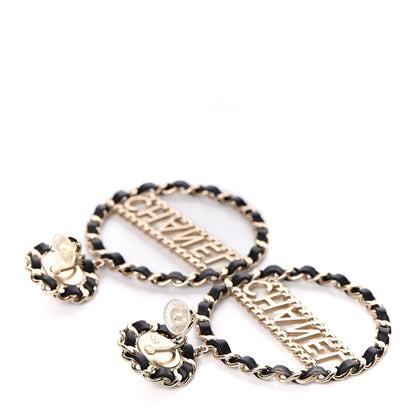 Chanel Pearl Lambskin Chain Logo Hoop Clip On Earrings Black Gold 3 of 5