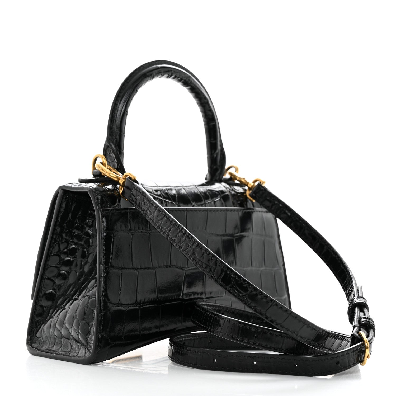 Balenciaga Shiny Calfskin Crocodile Embossed Hourglass Top Handle Bag XS Black 2 of 11