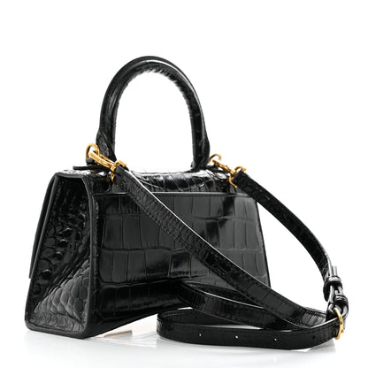 Balenciaga Shiny Calfskin Crocodile Embossed Hourglass Top Handle Bag XS Black 2 of 11
