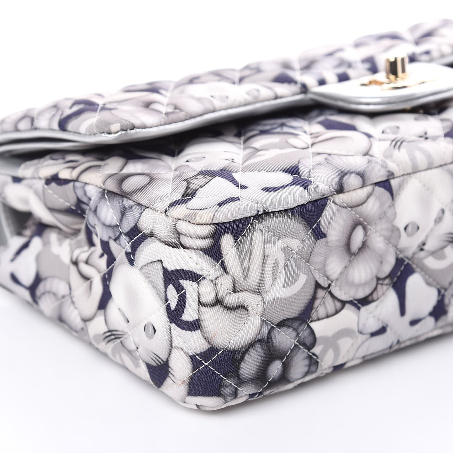Nylon Quilted Medium Cat Emoticon Double Flap Navy Grey Ecru