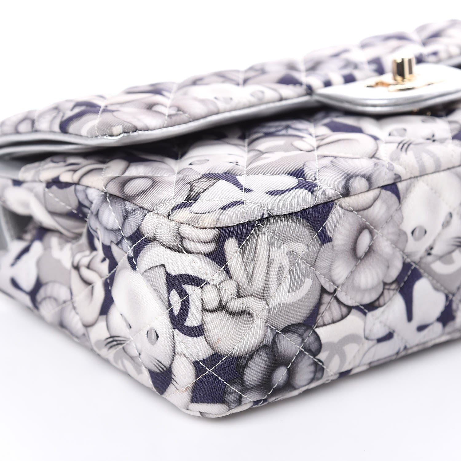 Chanel Nylon Quilted Medium Cat Emoticon Double Flap Navy Grey Ecru 8 of 13