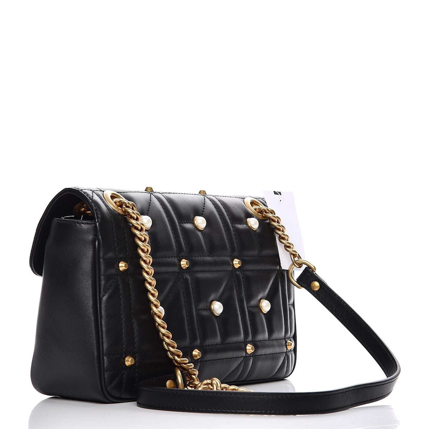 Calfskin Matelasse Studded Small Pearly GG Marmont Shoulder Bag Black