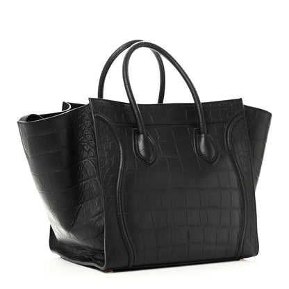 Celine Crocodile Embossed Calfskin Medium Phantom Luggage Black 3 of 9