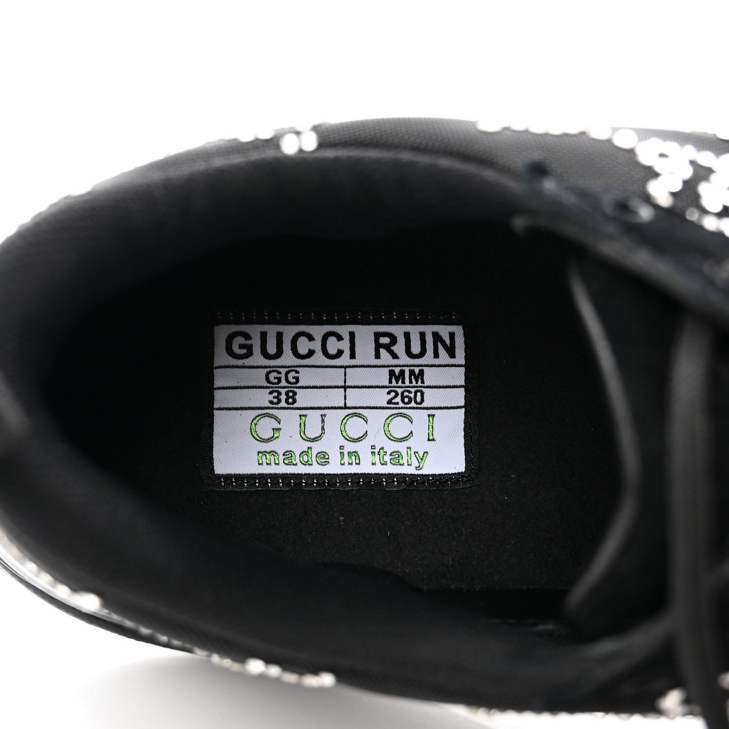 Gucci Tela Retino Mesh Crystal Suede GG Monogram Womens Gucci Run Sneakers 38 Black Silver 6 of 8