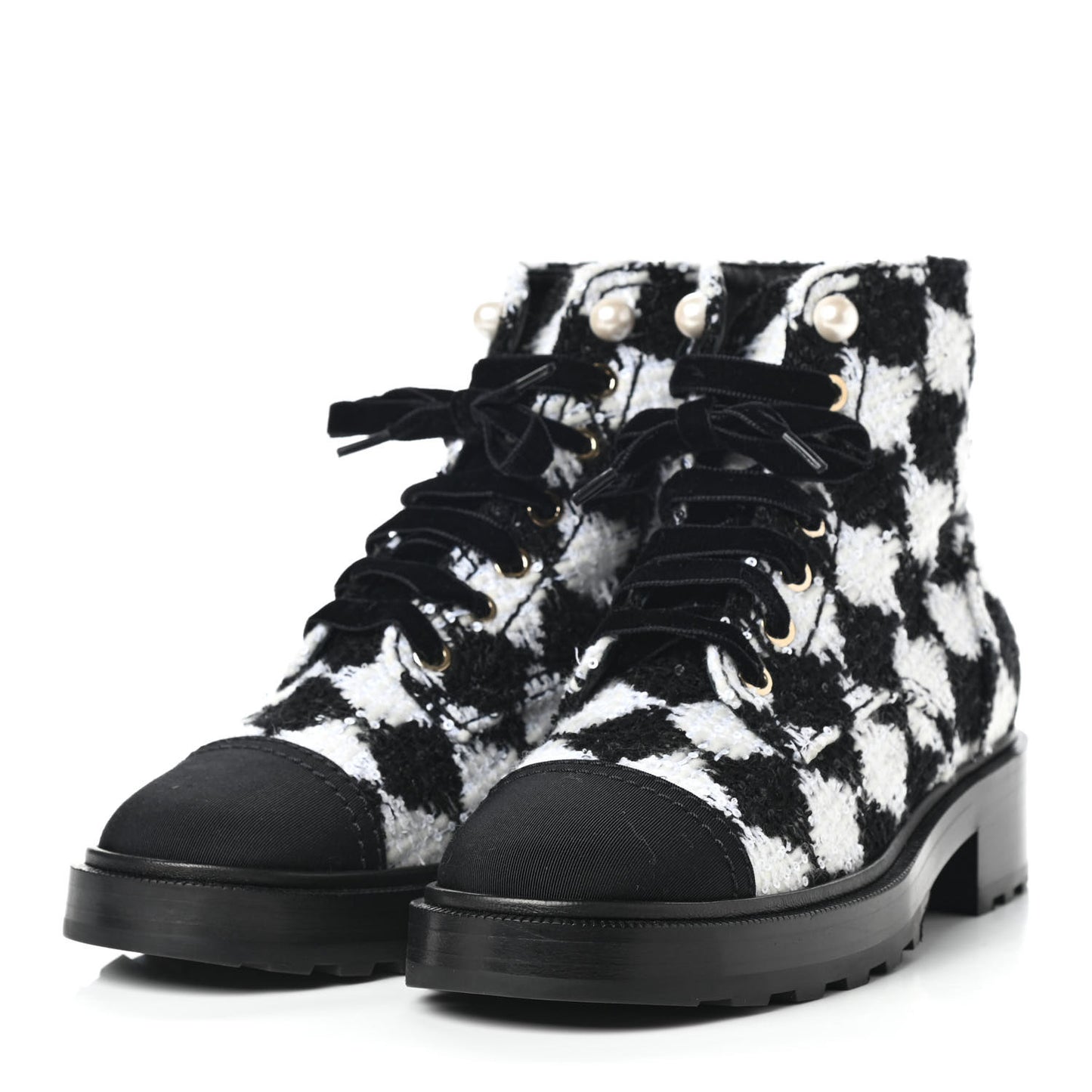 Tweed Grosgrain Pearl Combat Short Boots 37 White Black