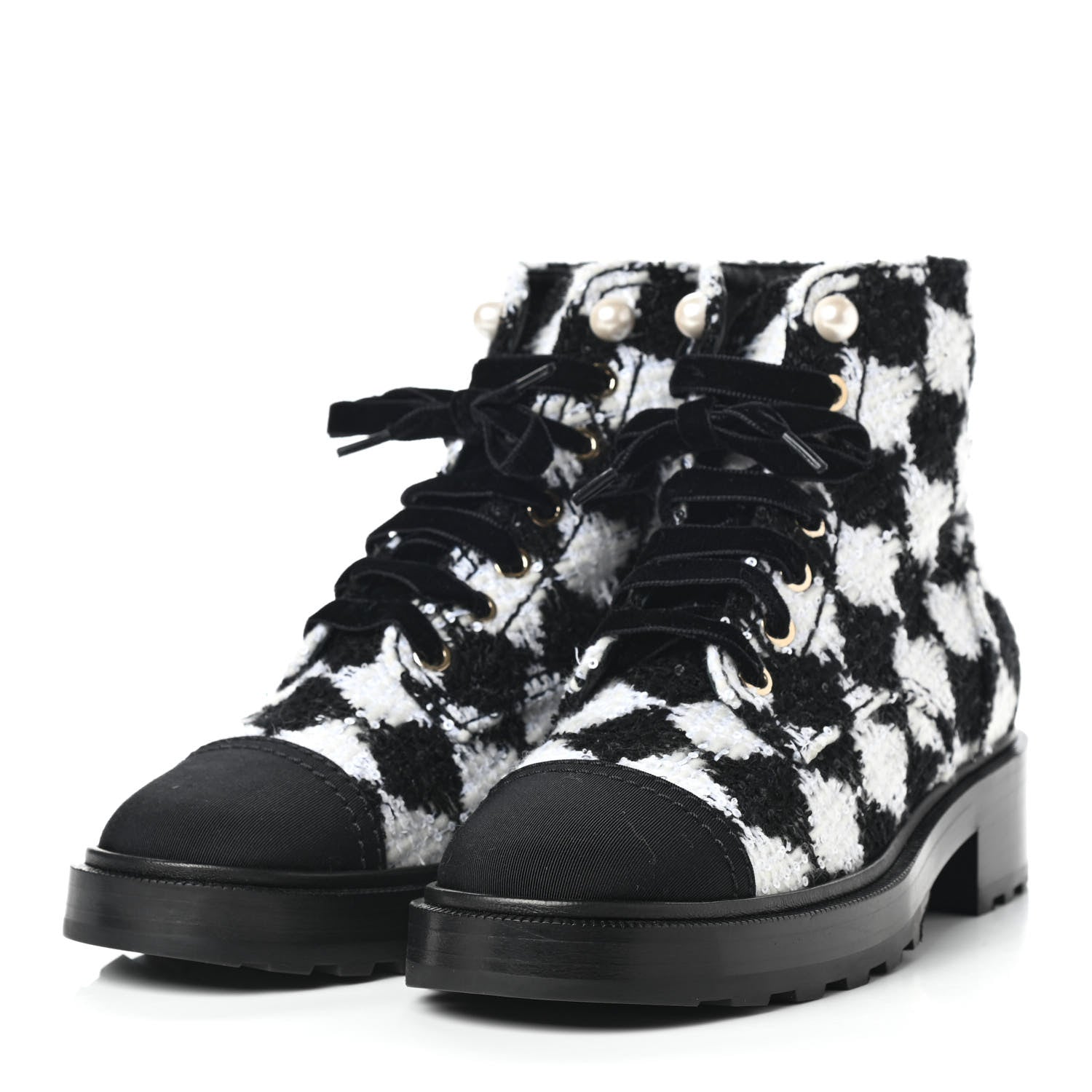 Chanel Tweed Grosgrain Pearl Combat Short Boots 37 White Black 3 of 11