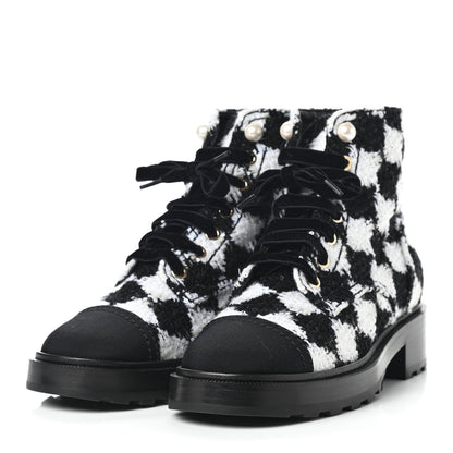 Chanel Tweed Grosgrain Pearl Combat Short Boots 37 White Black 3 of 11