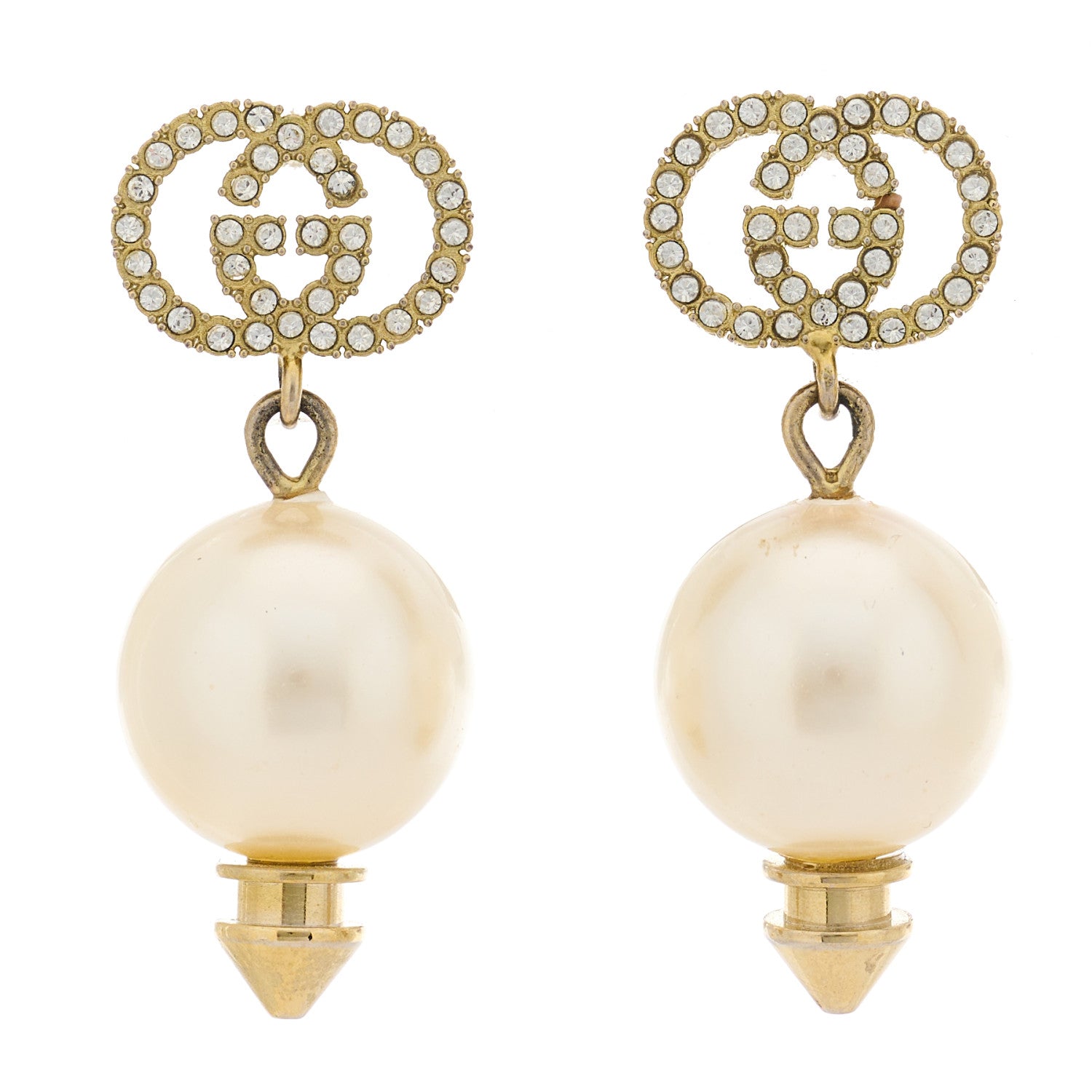 Gucci Metal Crystal Pearl Interlocking G Earrings Shiny Gold 1 of 4