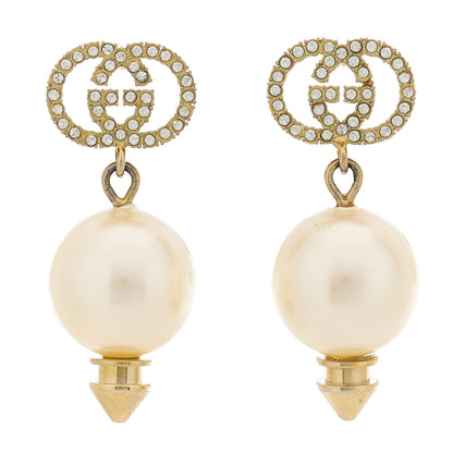 Gucci Metal Crystal Pearl Interlocking G Earrings Shiny Gold 1 of 4