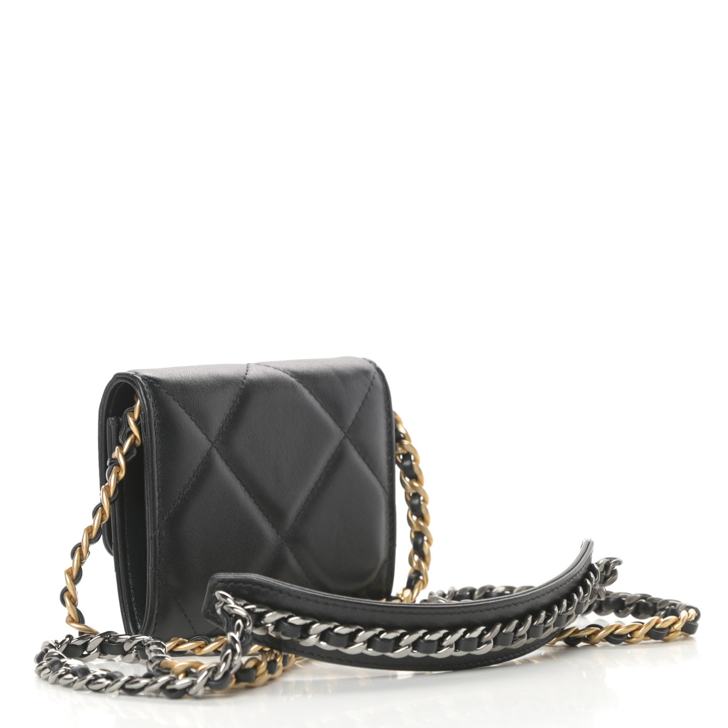Shiny Goatskin Quilted Chanel 19 Flap Coin Purse With Chain Black