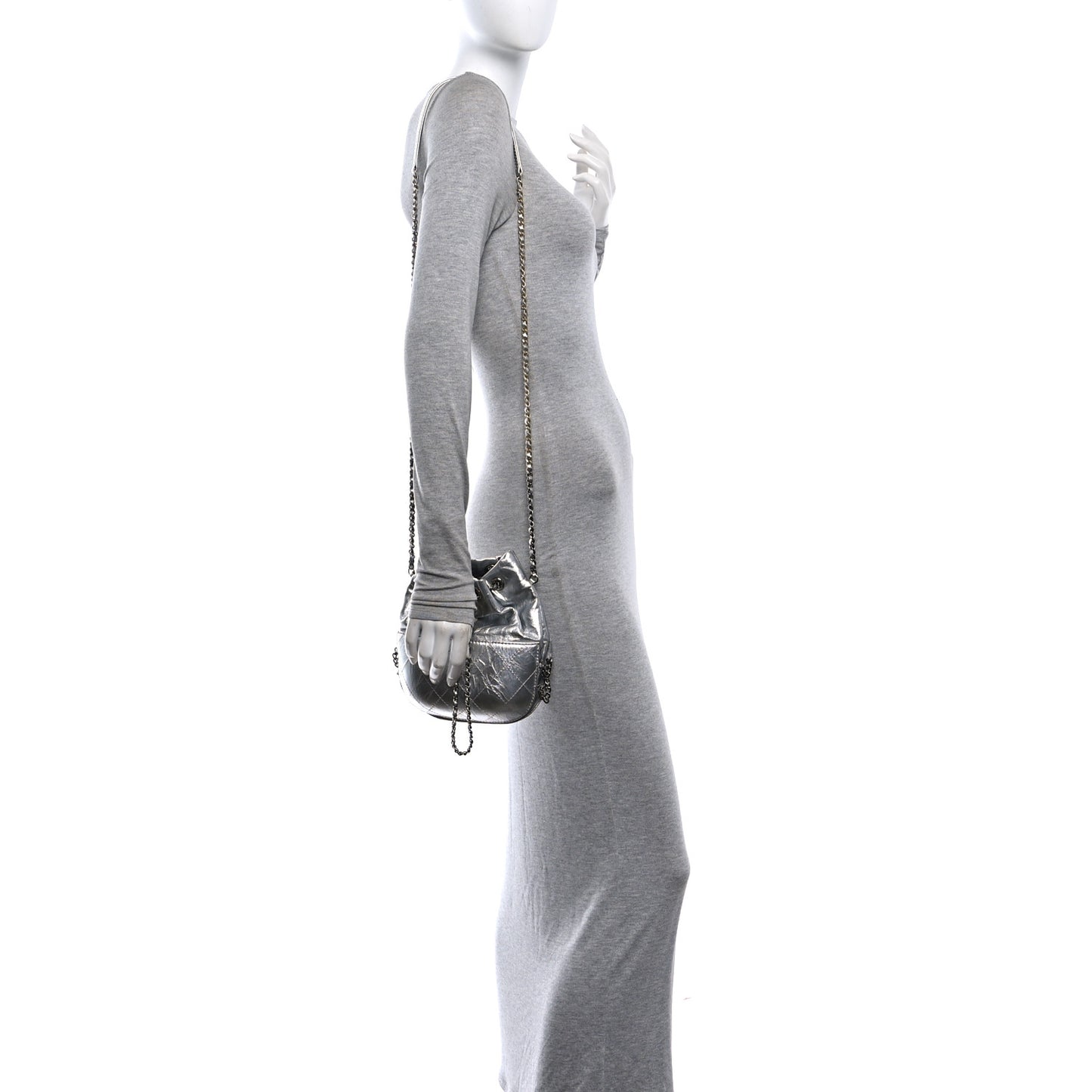 Metallic Aged Calfskin Quilted Small Gabrielle Bucket Silver