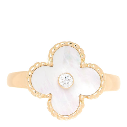 Van Cleef & Arpels 18K Yellow Gold Diamond Mother of Pearl Vintage Alhambra Ring 55 7.25 2 of 7