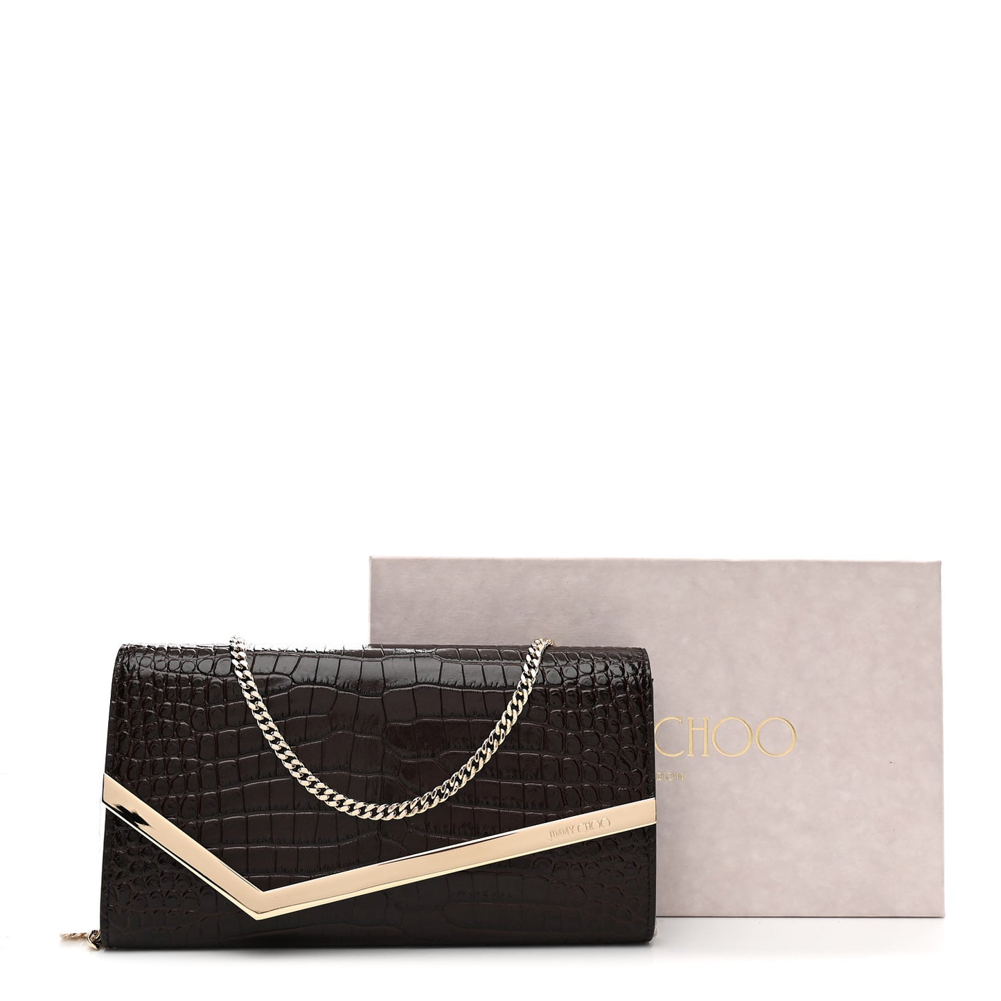 Calfskin Crocodile Embossed Emmie Clutch Bag Chocolate