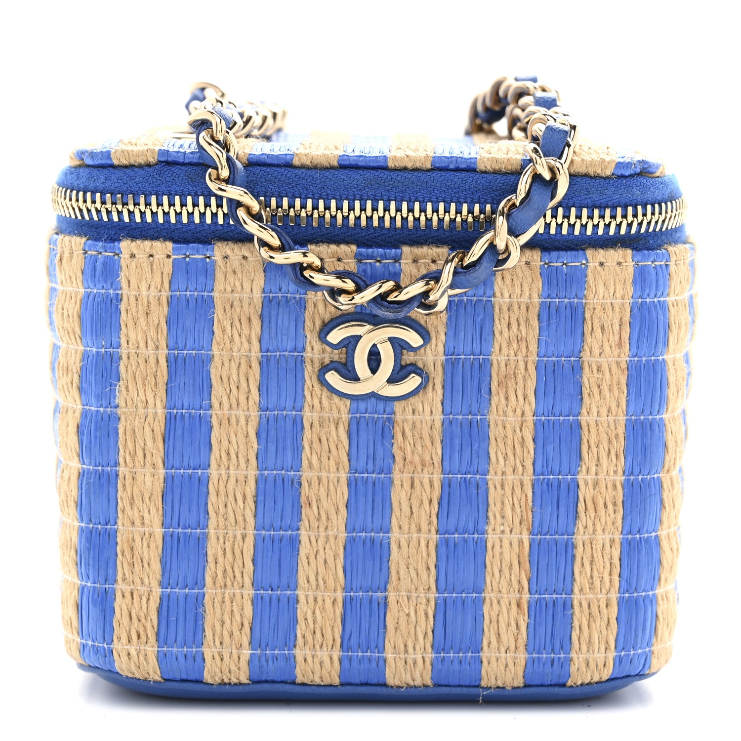 Chanel Raffia Jute Striped Mini Vanity Case With Chain Blue Beige 8 of 10