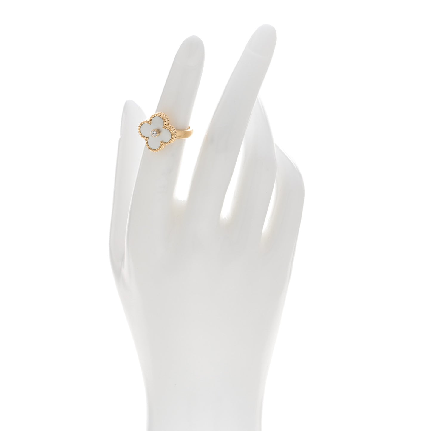 18K Yellow Gold Diamond Mother of Pearl Vintage Alhambra Ring 47 4