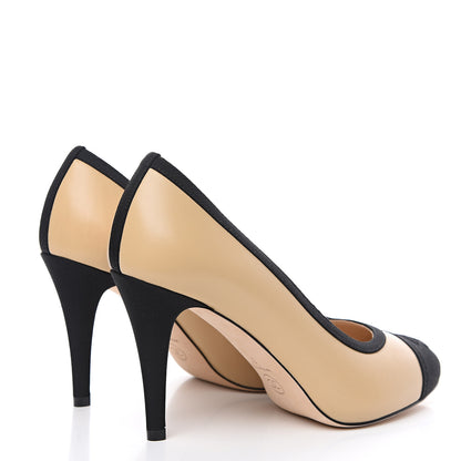 Chanel Lambskin Grosgrain Cap Toe CC Pumps 37 Beige Black 4 of 10