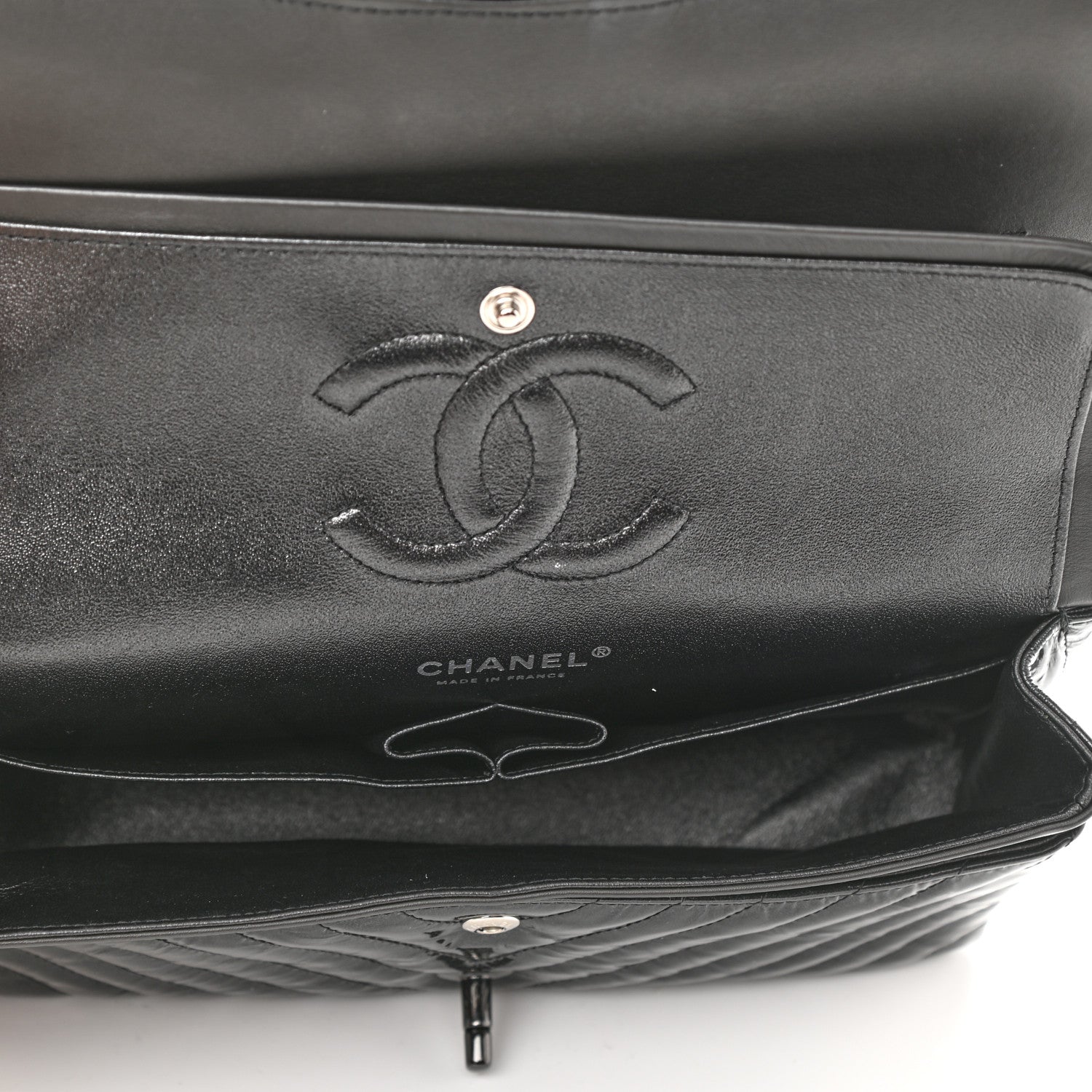 Chanel Metallic Patent Crumpled Calfskin Chevron Quilted Medium Double Flap So Black 5 of 11