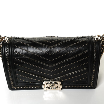 Chanel Crumpled Calfskin Chevron Chain Medium Boy Flap Black 11 of 12