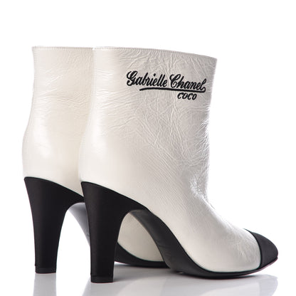 Chanel Crumpled Calfskin Satin Cap Toe Short Ankle Boots 36.5 White Black 4 of 9
