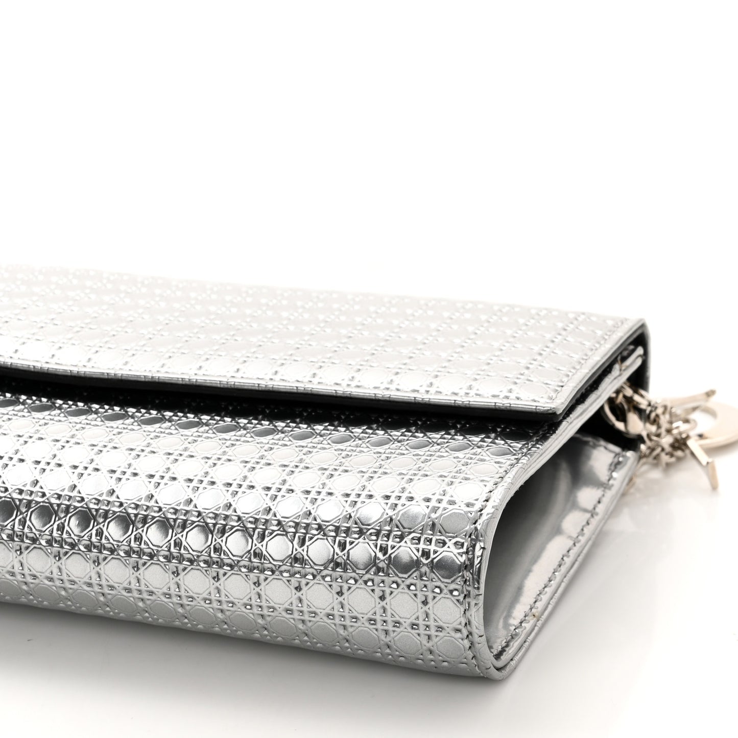 Metallic Patent Micro-Cannage Lady Dior Croisiere Chain Wallet Silver