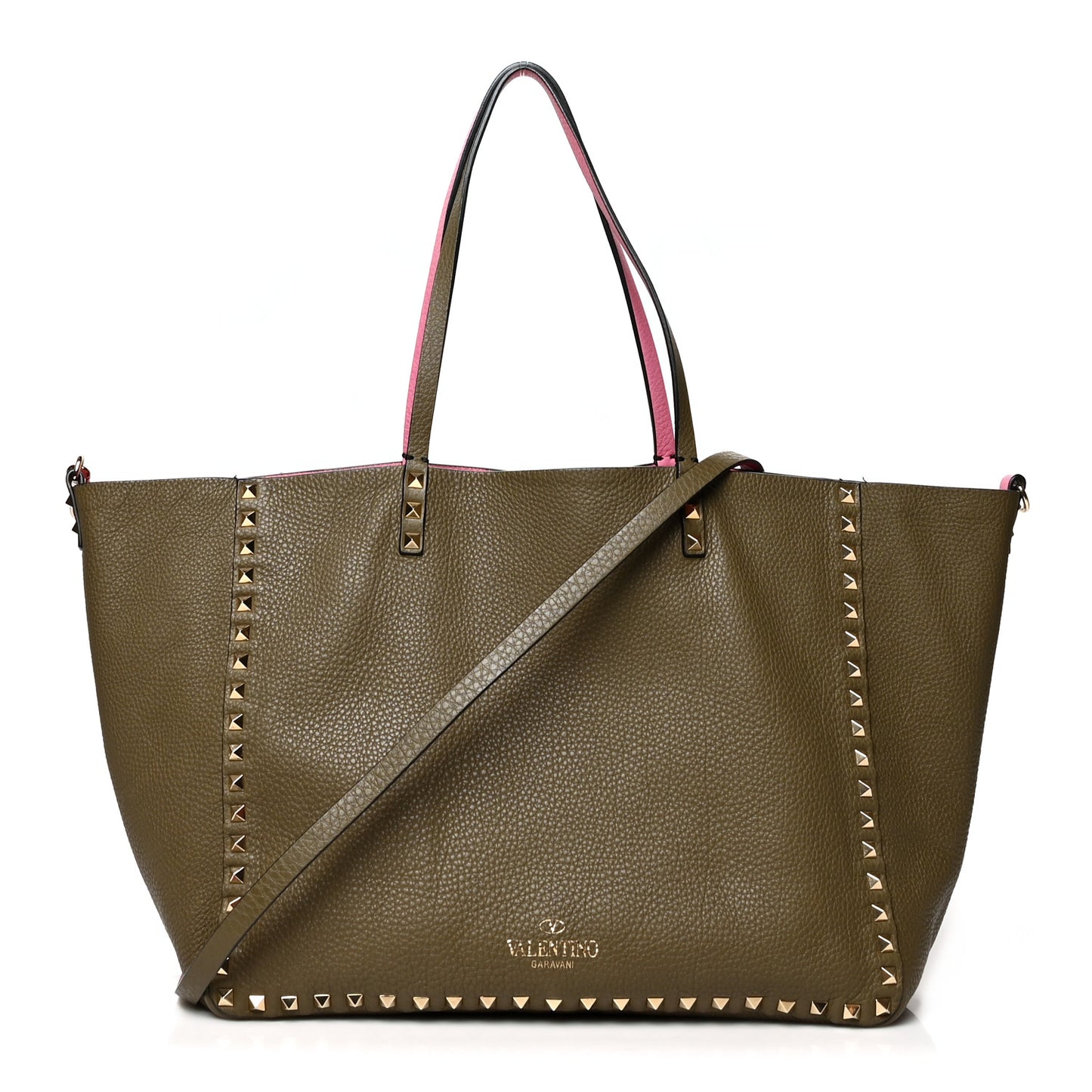 Grained Calfskin Medium Rockstud Reversible Tote Army Green Pink